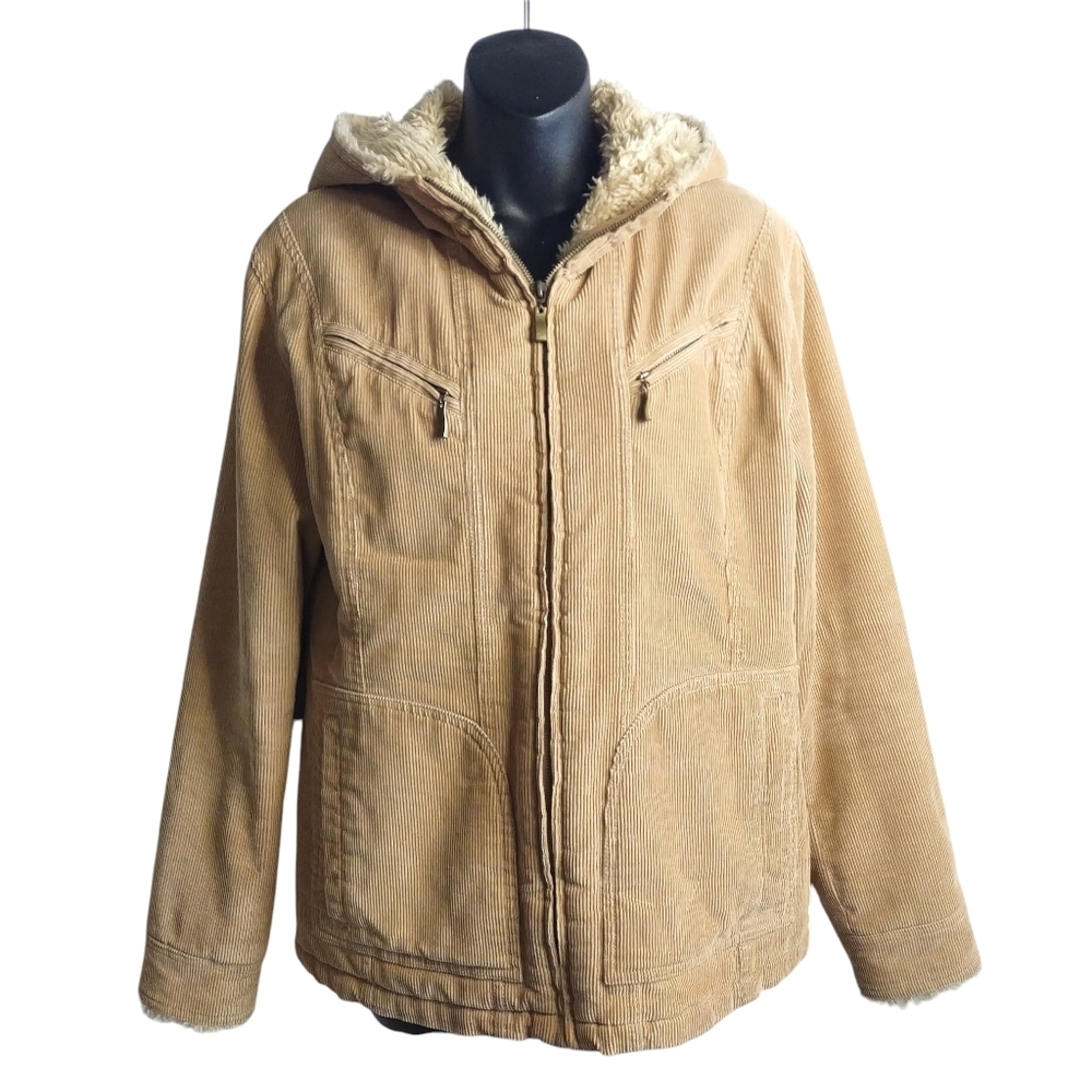 Northcrest Women's Brown Corduroy  Zip Up Quilted Hooded Cotton Jacket Size S